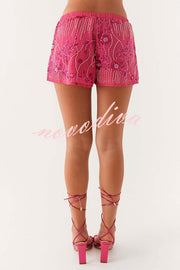 Dazzling Sequin Beaded Material Low Rise Elastic Waist Loose Shorts