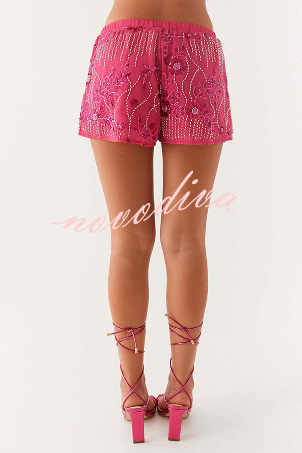 Dazzling Sequin Beaded Material Low Rise Elastic Waist Loose Shorts