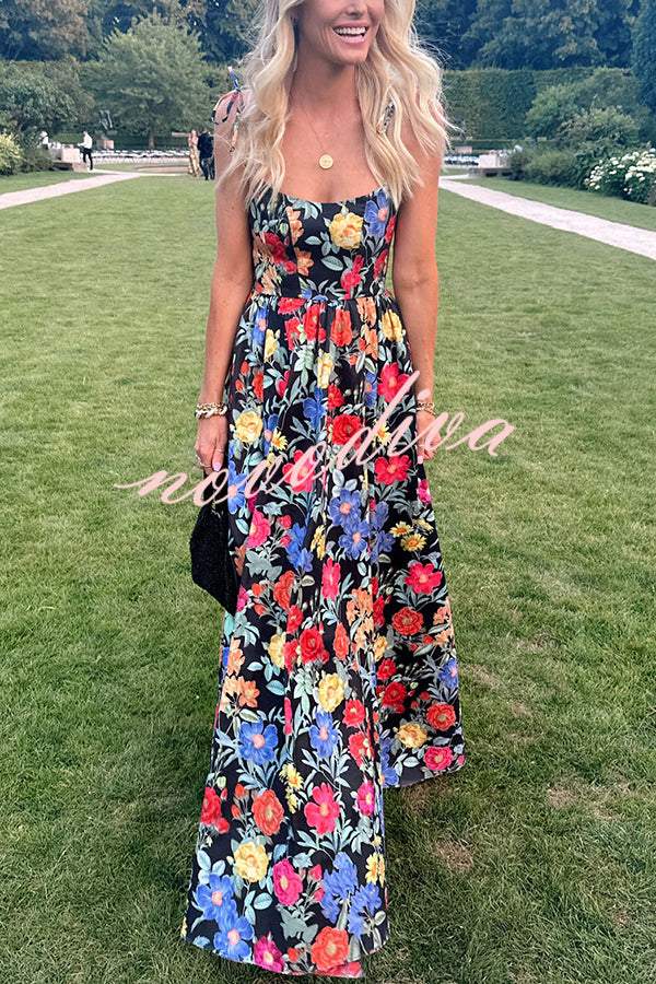 Garden Wedding Floral Print Back Tie-up Pocketed Slit Maxi Dress