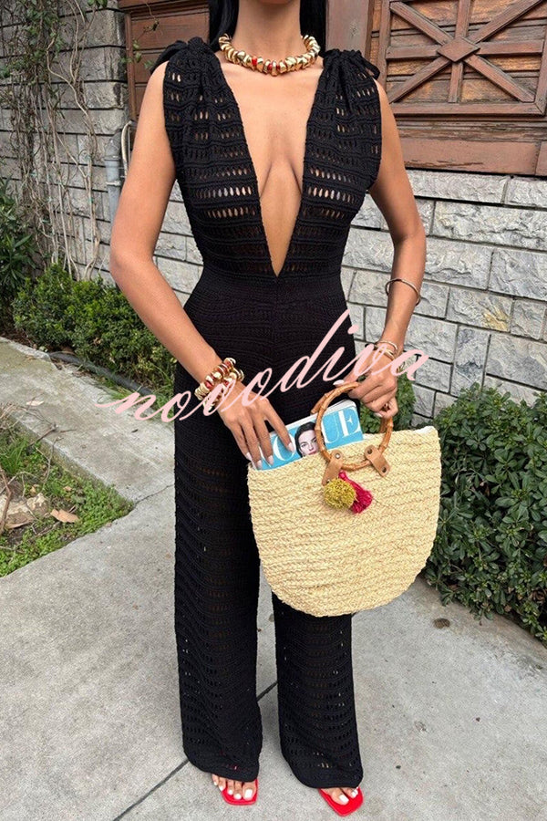 Solid Color Knitted V-neck Holiday Hollow Casual Jumpsuit
