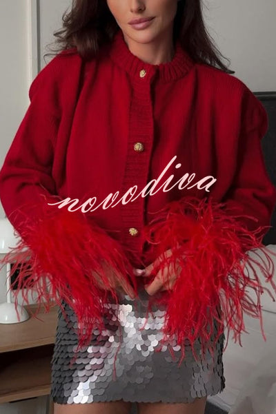 Solid Color Elegant Feather Long Sleeve Casual Knitted Cardigan