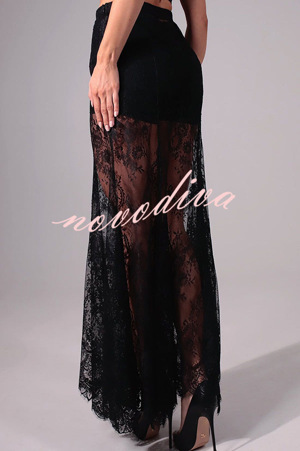 Perfect Party Lace Elastic Waist Contains Lining A-line Maxi Skirt