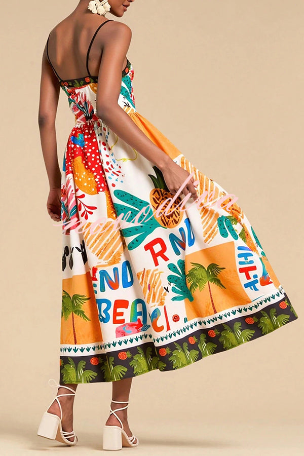 Unique Printed Sling Back Pleated Holiday Midi Dress