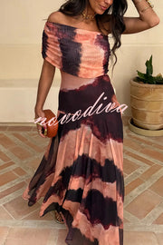 Unique Printed Off-the-shoulder Waisted Holiday Maxi Dress