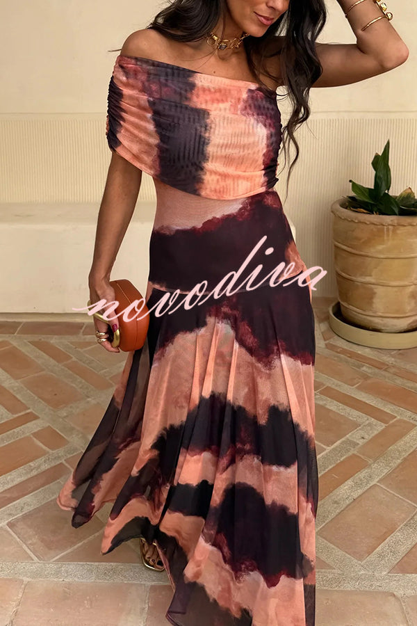 Unique Printed Off-the-shoulder Waisted Holiday Maxi Dress