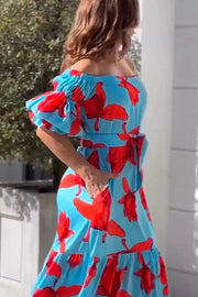 Floral Print Waist Belted Slim Fit Off The Shoulder Maxi Dress