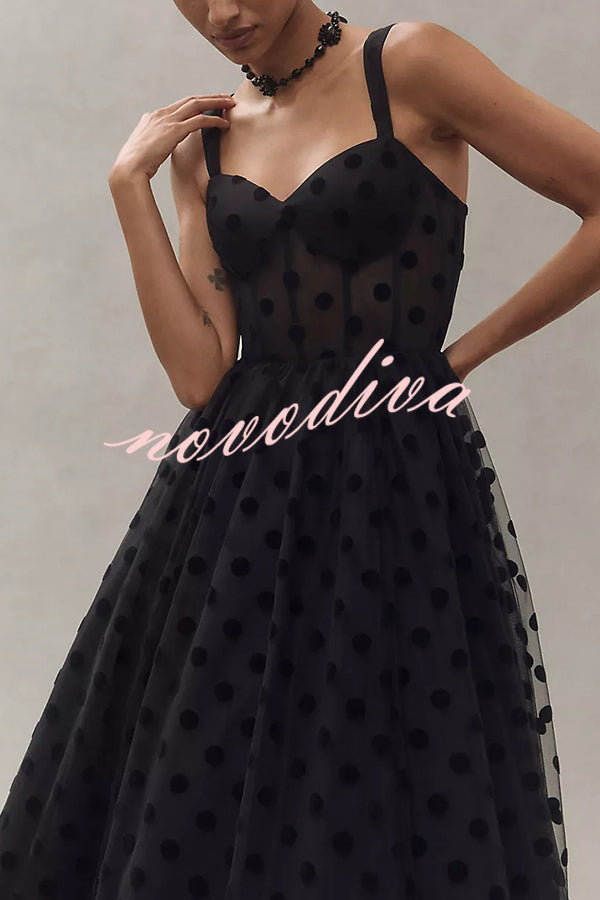 Perfect Guest Tulle Polka Dot Sweetheart Bustier A-Line Midi Dress