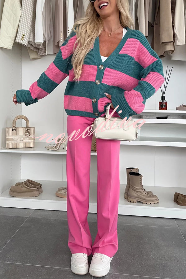 Fashion Contrast Striped Casual V-neck Long-sleeved Knitted Cardigan