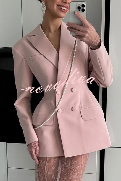 Solid Color Lapel Long Sleeve Waist Double-breasted Blazer