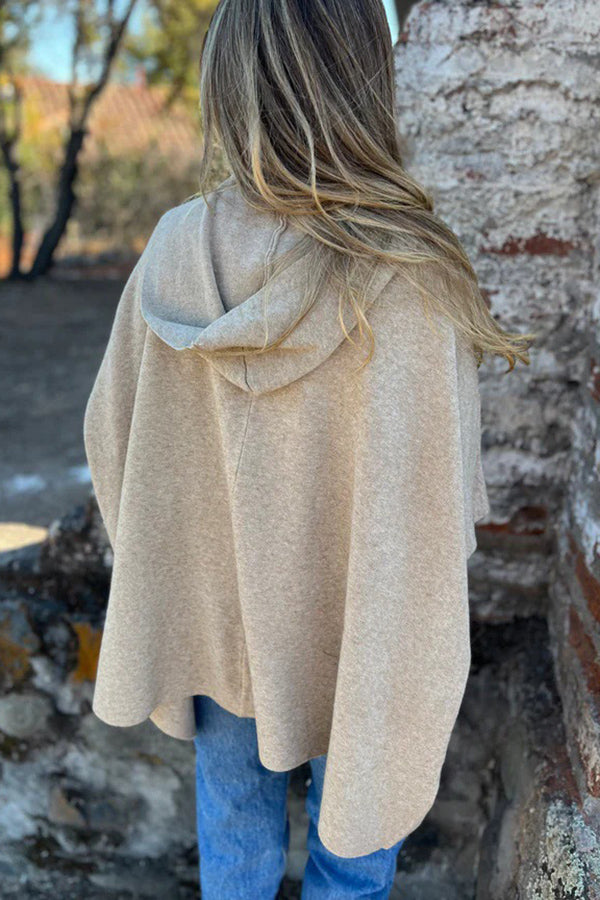 Solid Color Casual Hooded Single Button Pocket Loose Cape Jacket