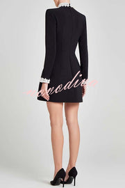 Lovers Kiss Pearl Trim High Neck Long Sleeve Pocketed Tulip Mini Dress