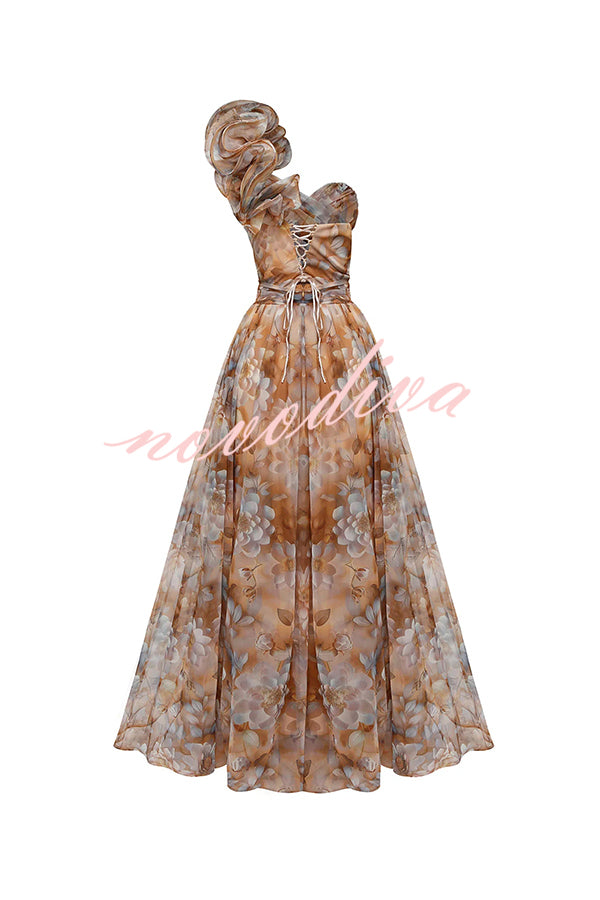 Romantic Ball Chiffon Floral One-shoulder Pleated Design Back Lace-up Gown Maxi Dress