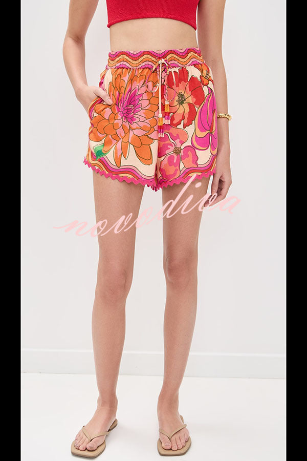 Neima Unique Print Wave Trim Button Up Short Sleeve Shirt and Elastic Waist Pocket Loose Shorts Set