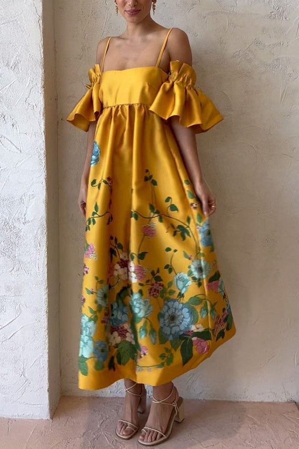 Sweetest Marigold Print Gathered Sleeve Pocketed A-line Midi Dress