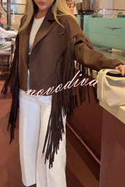 Western City Suede Long Tassels Long Sleeve Lapel Relaxed Jacket