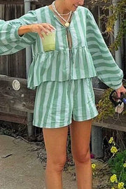 Stylish Striped Print V-neck Tie Top and Elastic Waist Loose Shorts Set