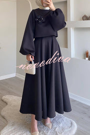 Solid Color Flower-embellished Lantern Sleeve Loose Top and Casual Maxi Skirt Set