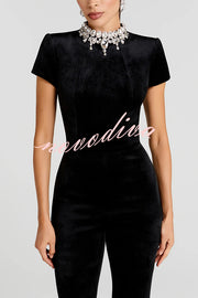 Lucia Luxurious Velvet Jewel-encrusted Turtleneck Short Sleeve Flare Stretch Jumpsuit