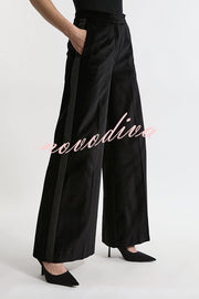 Cue The Cocktails Velvet Grosgrain Detail Pocketed Wide Leg Pants