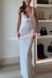 Festival Shines Sequin Beaded Mesh Bow Cutout Detail Slit Maxi Dress