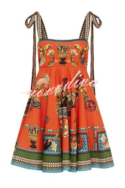 Linen Blend Unique Print Suspender Tie Casual Mini Dress