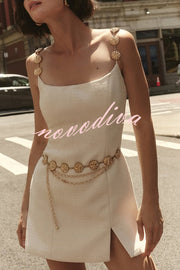 Timeless Exquisite Tweed Fabric Metal Coin Chain Detail Slip Mini Dress
