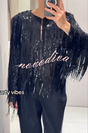 Party Crasher Layered Sequined Tassels Long Sleeve Loose Jacket