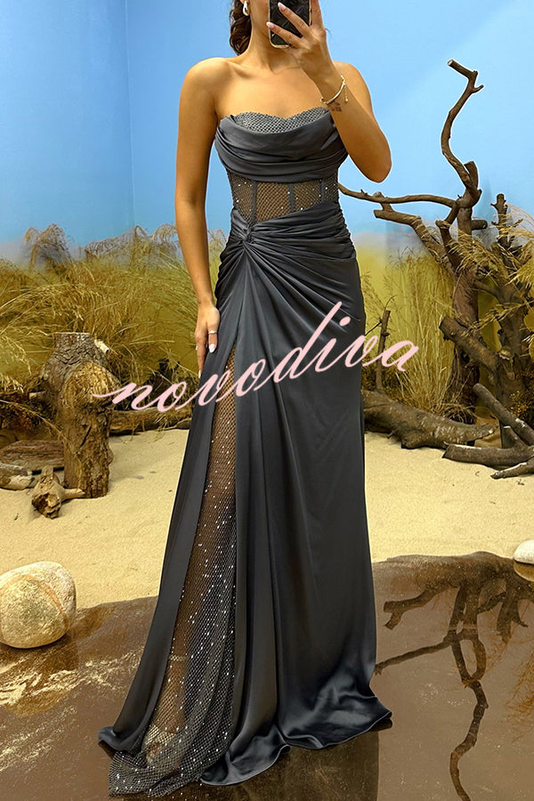 Essie Satin Rhinestone Patchwork Twist Waist Strapless Slit Maxi Dress