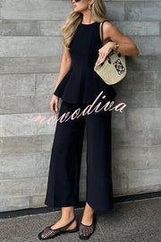 Solid Color Round Neck Sleeveless Casual Top and Loose Straight Pants Set
