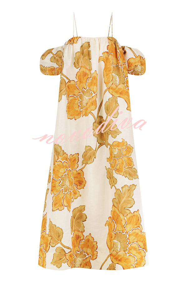 Floral Print Suspenders Puff Sleeves Loose Pocket Holiday Maxi Dress