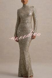 Galaxy Premium Sequin Turtle Neck Long Sleeve Maxi Dress