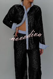Fashion Sequined Loose Long-sleeved Shirt and Casual Elastic Waist Wide-leg Pants Set