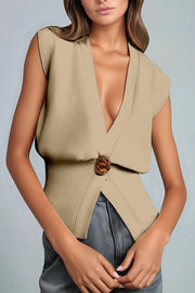 Solid Color Simple V-Neck Button Sleeveless Knitted Cardigan