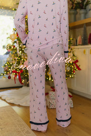 Postcards To Santa Unique Print Ruffles Trim Pocket Shirt and Elastic Waist Pajama Set