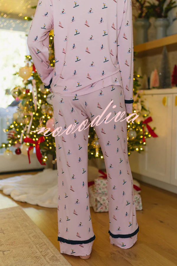 Postcards To Santa Unique Print Ruffles Trim Pocket Shirt and Elastic Waist Pajama Set