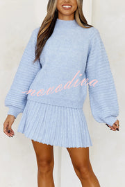 Solid Color Round Neck Puff Sleeve Loose Knit Sweater and Casual Striped Mini Skirt Set