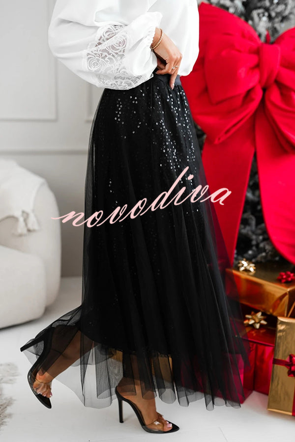 Party Daydream Sequin Tulle High Rise Elastic Waist Maxi Skirt