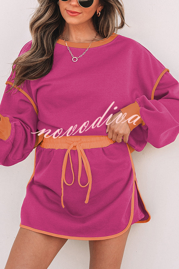 Fashion Round Neck Long Sleeve Spliced Casual Top and Elastic Waist Loose Shorts Set