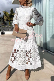 Romantic, Sensual and Elegant Crochet Lace Lantern Sleeve Party Midi Dress