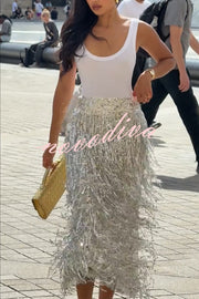 Evening Charm Layered Sequined Tassels High Rise Back Zipper Slit Midi Skirt