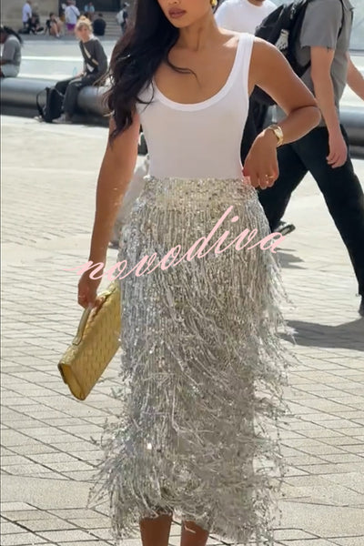 Evening Charm Layered Sequined Tassels High Rise Back Zipper Slit Midi Skirt