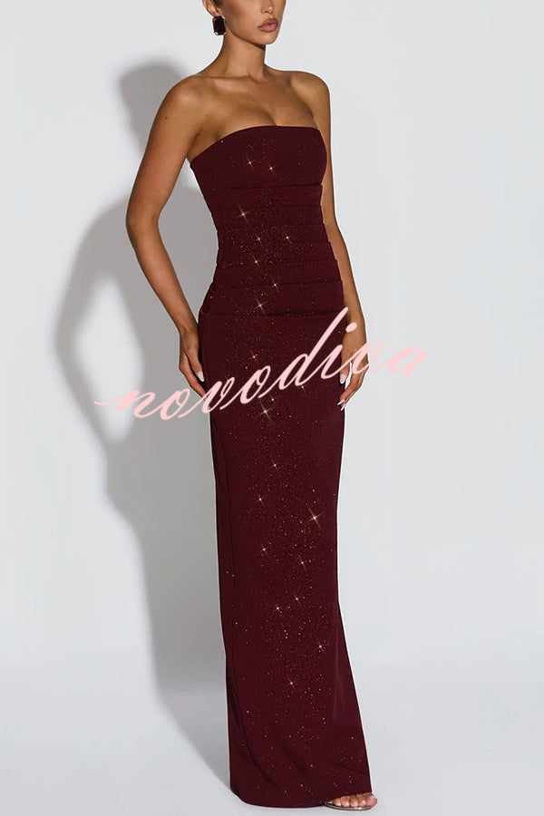 Pandra Glittery Crepe Fabric Off Shoulder Ruched Slit Cape Maxi Dress