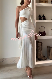 Amazing Type One Shoulder Cutout Drape Tassle Trim Stretch Maxi Dress