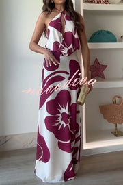 Leslie Flower Print Halter Cutout Cowl Neck Backless Maxi Dress