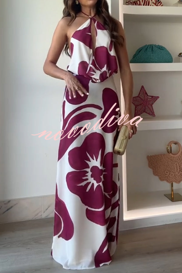 Leslie Flower Print Halter Cutout Cowl Neck Backless Maxi Dress