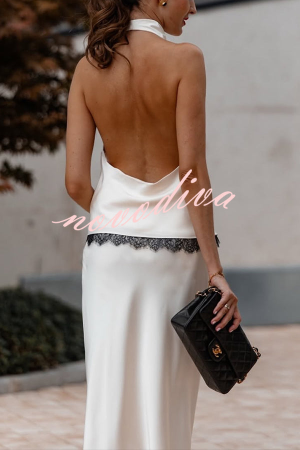 Iriena Satin Lace Trim Cowl Halter Neck Tank and Mid Rise Midi Skirt Set