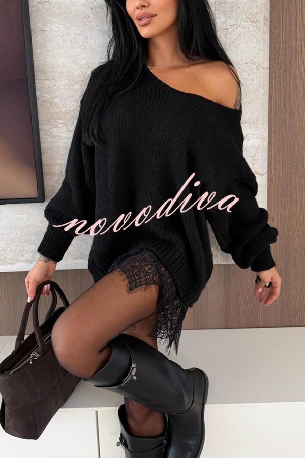 Comfy and Sweet Knit Lace Patchwork Hem Wide Neck Long Sleeve Loose Sweater