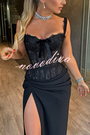 Sexy Grace Magic Lace Corset Bow Design Ruched Hip Slit Maxi Dress