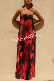 For Every Occasion Satin Pleated Floral Print V-wire Bandeau Neck Maxi Dress