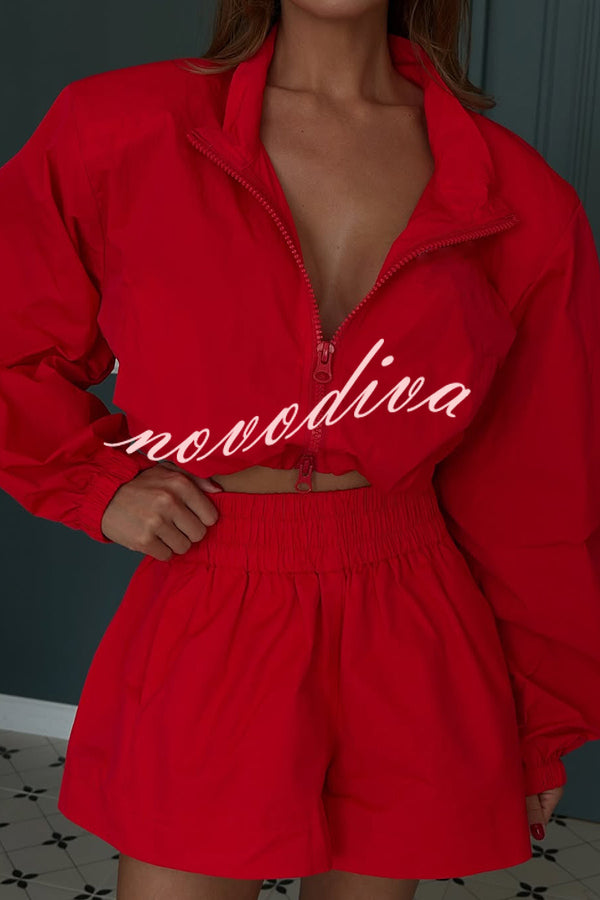 Solid Color Lapel Long-sleeved Loose Zipper Jacket and Elastic Waist Casual Shorts Set